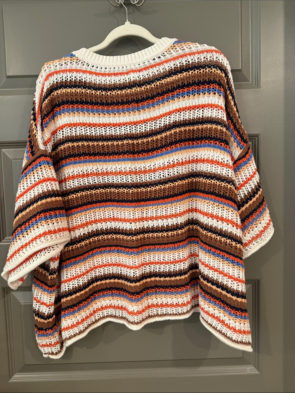 aerie Striped Open-Knit Crewneck Sweater in White, Brown, Orange & Blue - Picture 3 of 3